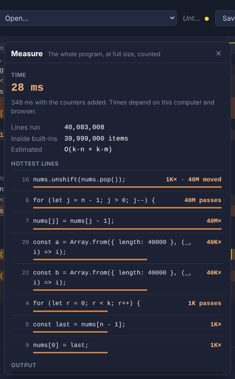 The Measure panel: time, totals, and the hottest lines